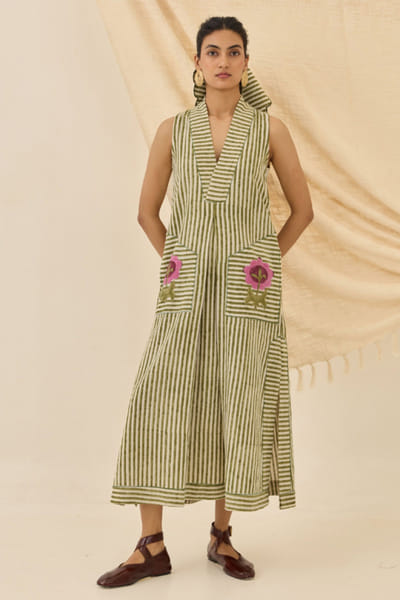 Olive green hand block printed dress