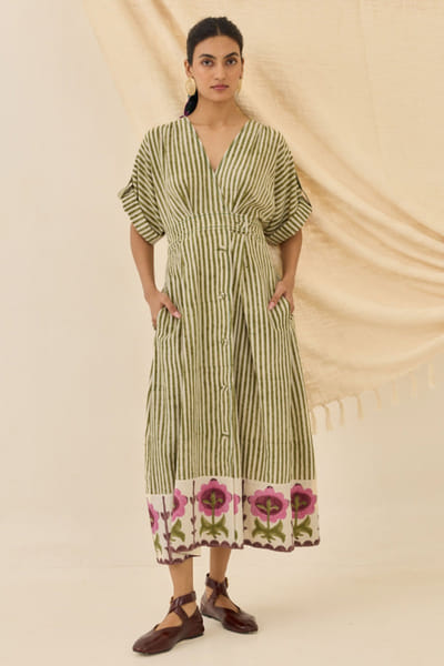 Olive green hand block printed dress