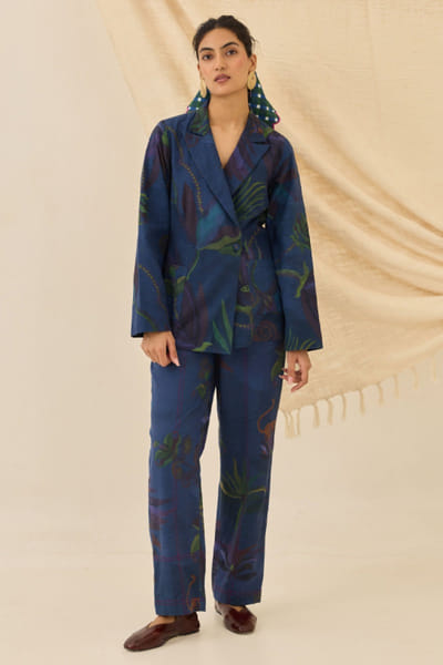 Blue floral printed blazer set