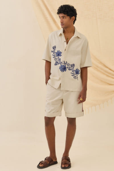 White denim floral embroidered shacket