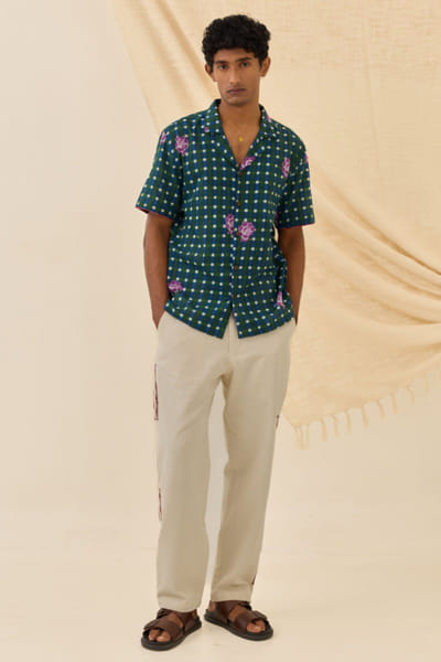 Emerald green check print shirt