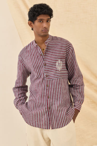 Maroon stripe hand block print shirt