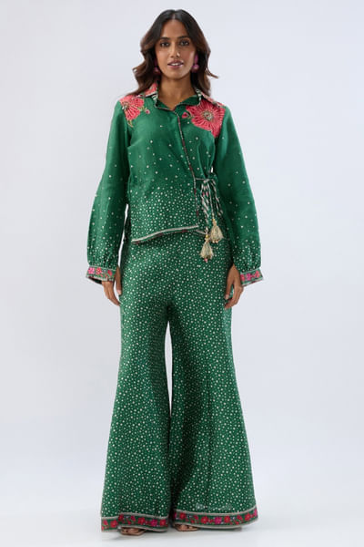 Dark green floral print embroidered co-ords