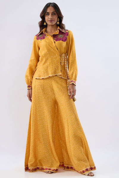 Yellow floral print embroidered co-ords
