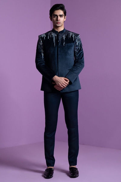 Blue embroidered bandhgala set