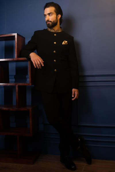 Black metallic embellished bandhgala set