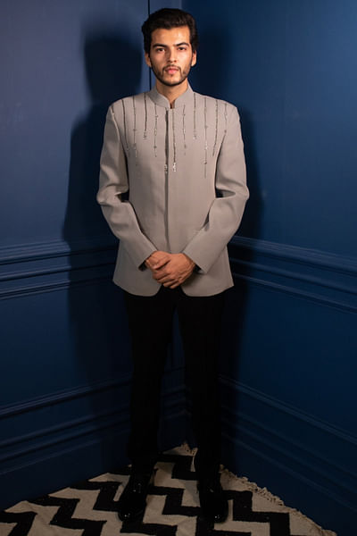 Grey embroidery open bandhgala set