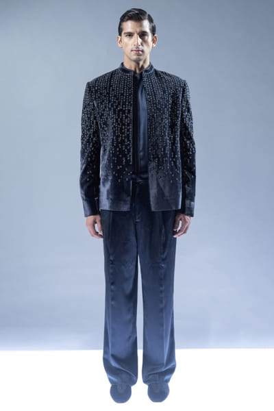Rohit Gandhi + Rahul Khanna Navy hand embroidered bandhgala set ROHIAUG26D152955
