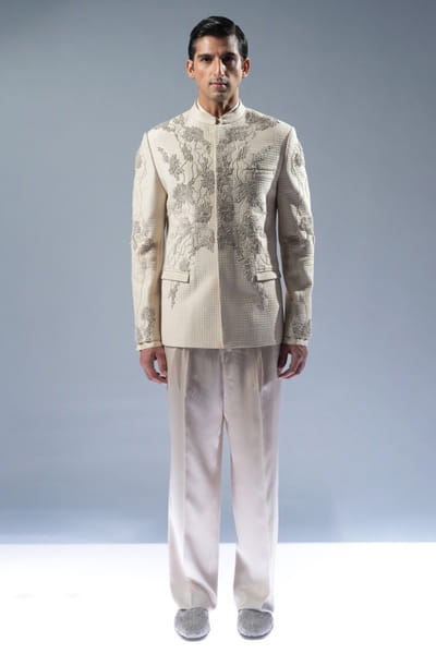 Rohit Gandhi + Rahul Khanna Ecru tonal embroidered quilted bandhgala set ROHIAUG26D152960