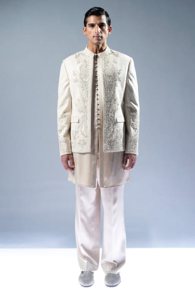Rohit Gandhi + Rahul Khanna Ecru floral hand embroidered bandhgala set ROHIAUG26D152959