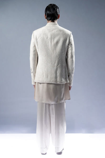 Rohit Gandhi + Rahul Khanna Ecru floral hand embroidered bandhgala set ROHIAUG26D152959