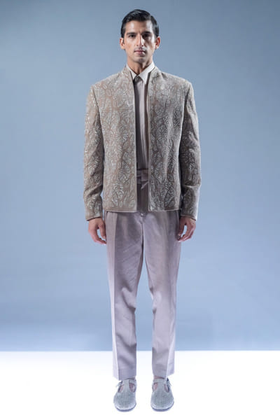 Rohit Gandhi + Rahul Khanna Marble grey embroidered velvet bandhgala set ROHIAUG26D152958