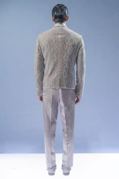 Rohit Gandhi + Rahul Khanna Marble grey embroidered velvet bandhgala set ROHIAUG26D152958