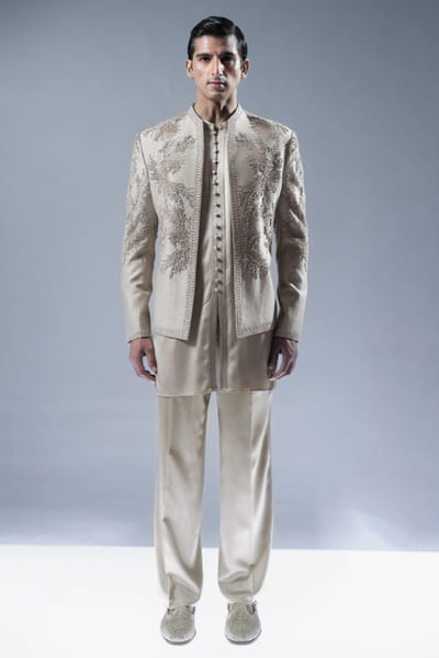 Rohit Gandhi + Rahul Khanna Sandstone tonal embroidered bandhgala set ROHIAUG26D152975