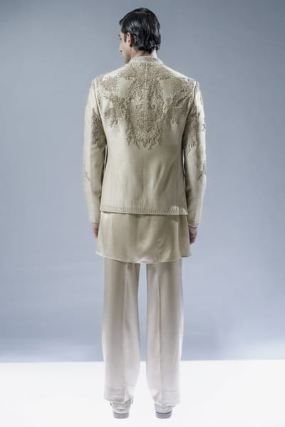 Rohit Gandhi + Rahul Khanna Sandstone tonal embroidered bandhgala set ROHIAUG26D152975