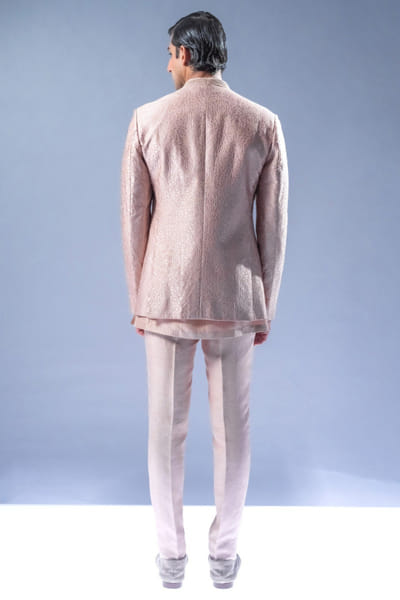 Rohit Gandhi + Rahul Khanna Blush pink textured bandhgala set ROHIAUG26D152962