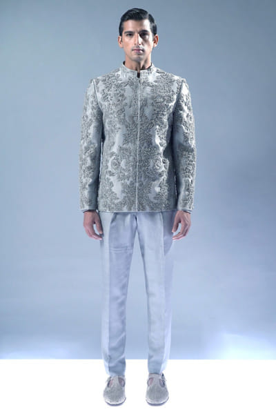 Rohit Gandhi + Rahul Khanna Glacier grey embroidered bandhgala set ROHIAUG26D152974
