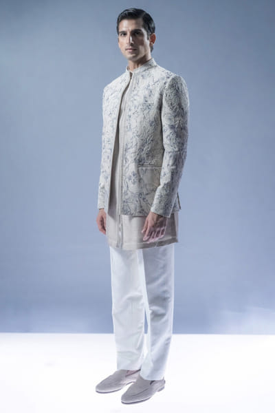 Rohit Gandhi + Rahul Khanna Silver botanical embroidered bandhgala set ROHIAUG26D152979