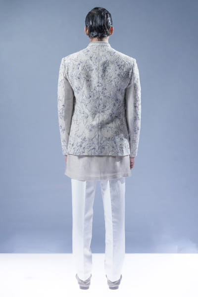 Rohit Gandhi + Rahul Khanna Silver botanical embroidered bandhgala set ROHIAUG26D152979