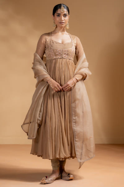 Mocha gota embroidered anarkali set