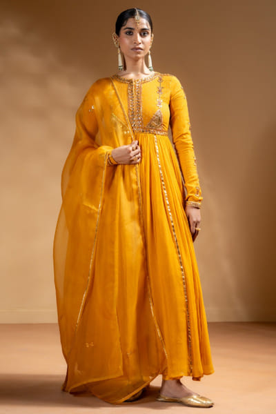 Yellow gota embroidered anarkali set