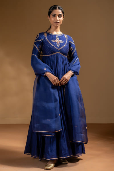 Blue gota chanderi anarkali set