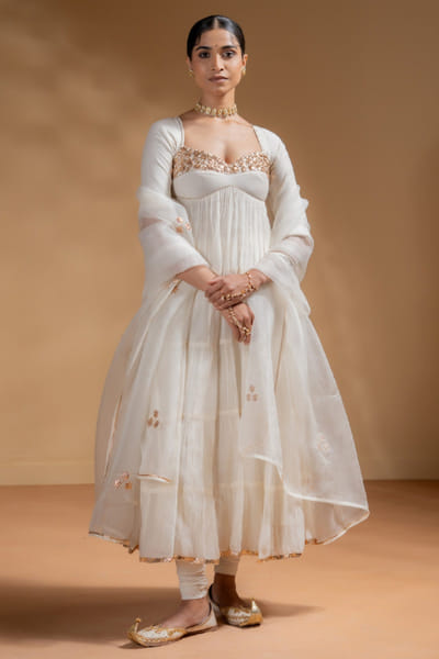 Off-white tiered gota chanderi anarkali set