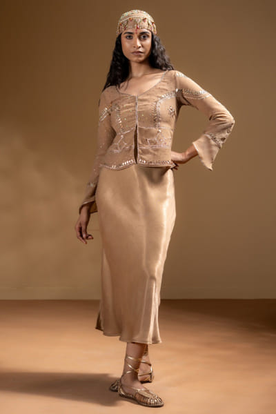 Mocha satin dress and jacket set