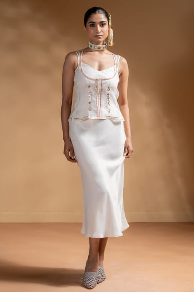 Off-white embroidered koti and dress set