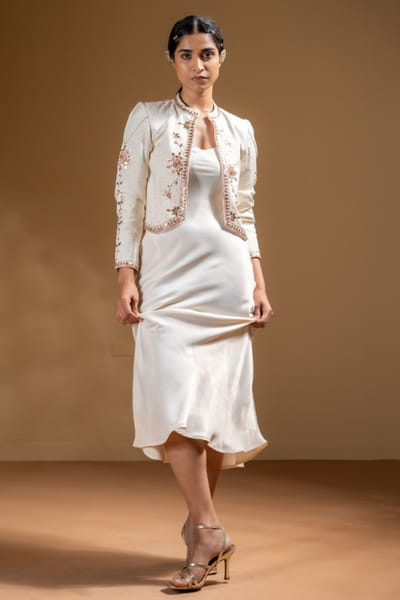Off-white satin dress and jacket set