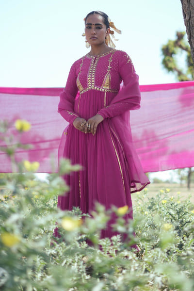 Pink gota embellished anarkali set