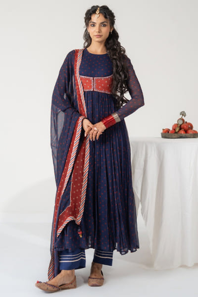 Baise Gaba Blue and red bandhani printed anarkali set BAISJUN26D146787