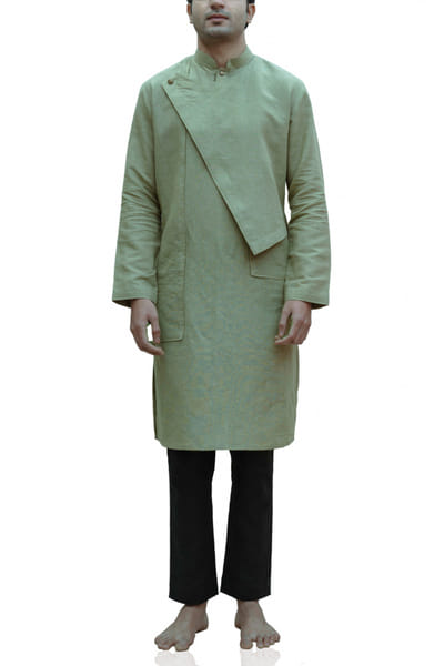 Bohame Neutral green overlapped kurta and pants BHMBM094C
