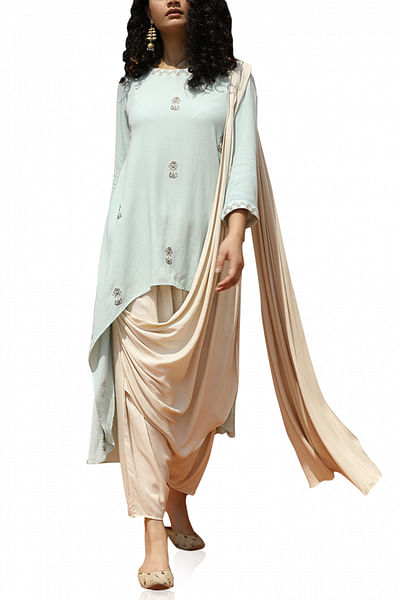 Mint Green and Off white tunic with pants and dupatta