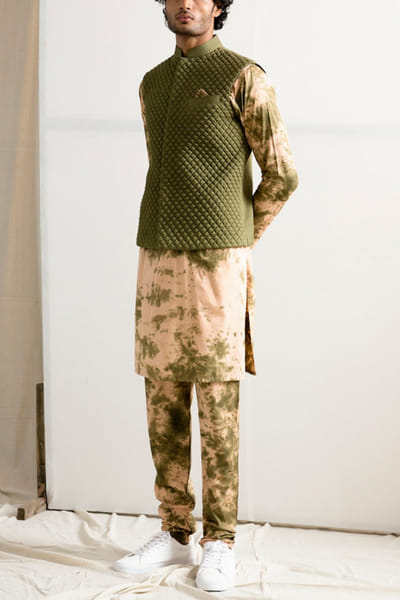 Beige and green kurta and jacket set