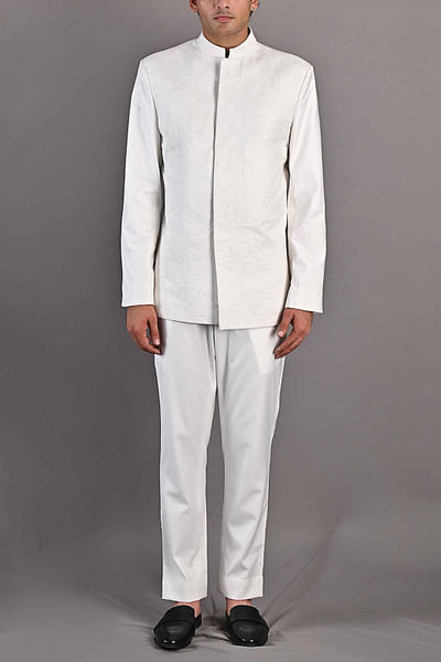 Off white embroidered bandhgala set