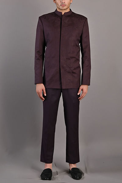 Wine embroidered bandhgala set