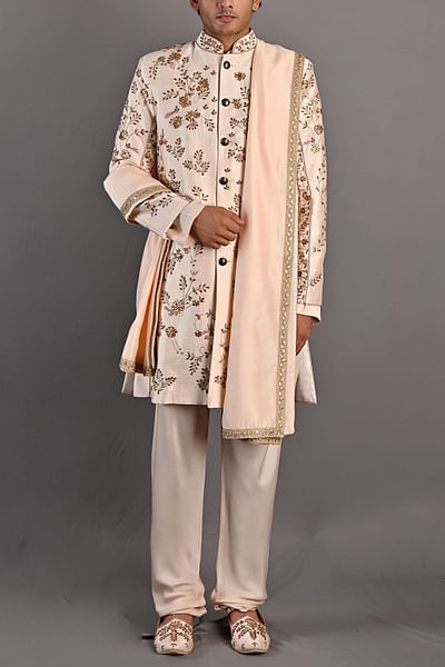 Peach embroidered sherwani set