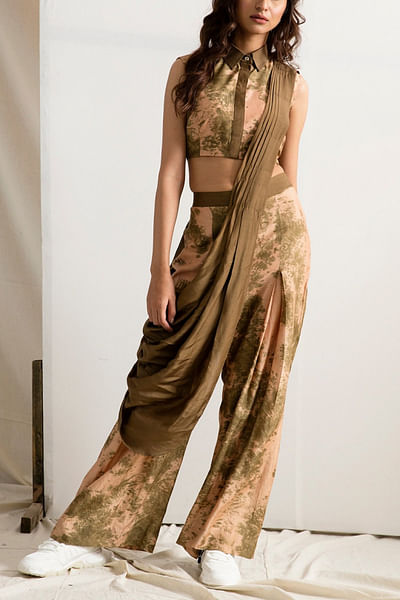 Beige and green concept sari set