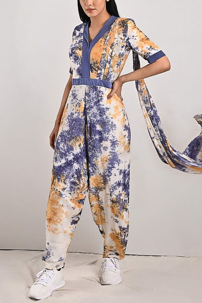 Multicoloured tie & dye jumpsuit sari