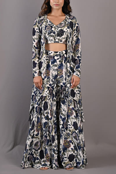 Monochrome printed cape and sharara set