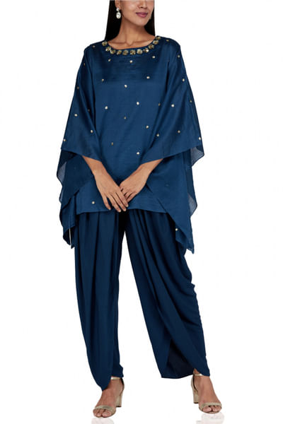 Teal blue embellished kaftan and dhoti