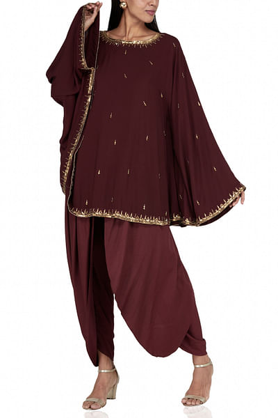 Wine red embellished kaftan set
