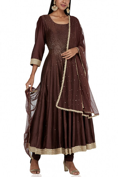 Brown chanderi anarkali set