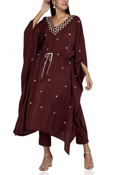 Wine red embellished kaftan set