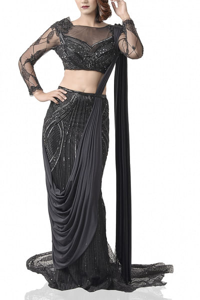 Black embroidered sari gown