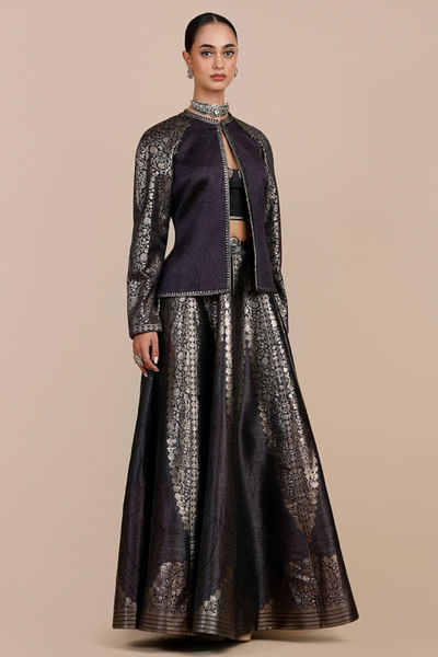 Midnight blue jamawar print reversible jacket