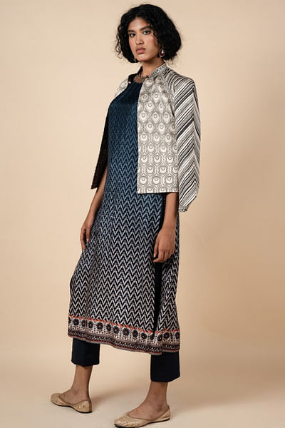Blue and ivory printed reversible jacket