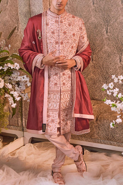 Rose pink silk sherwani