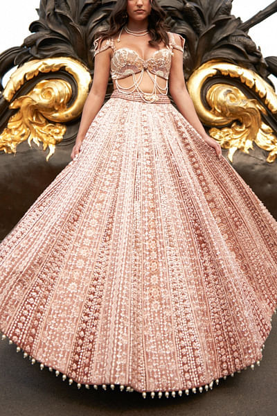 Caramel brown pearl embroidered lehenga set
